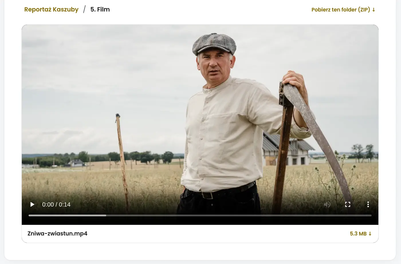 Film odtwarzany w galerii klienta z przyciskiem pobrania