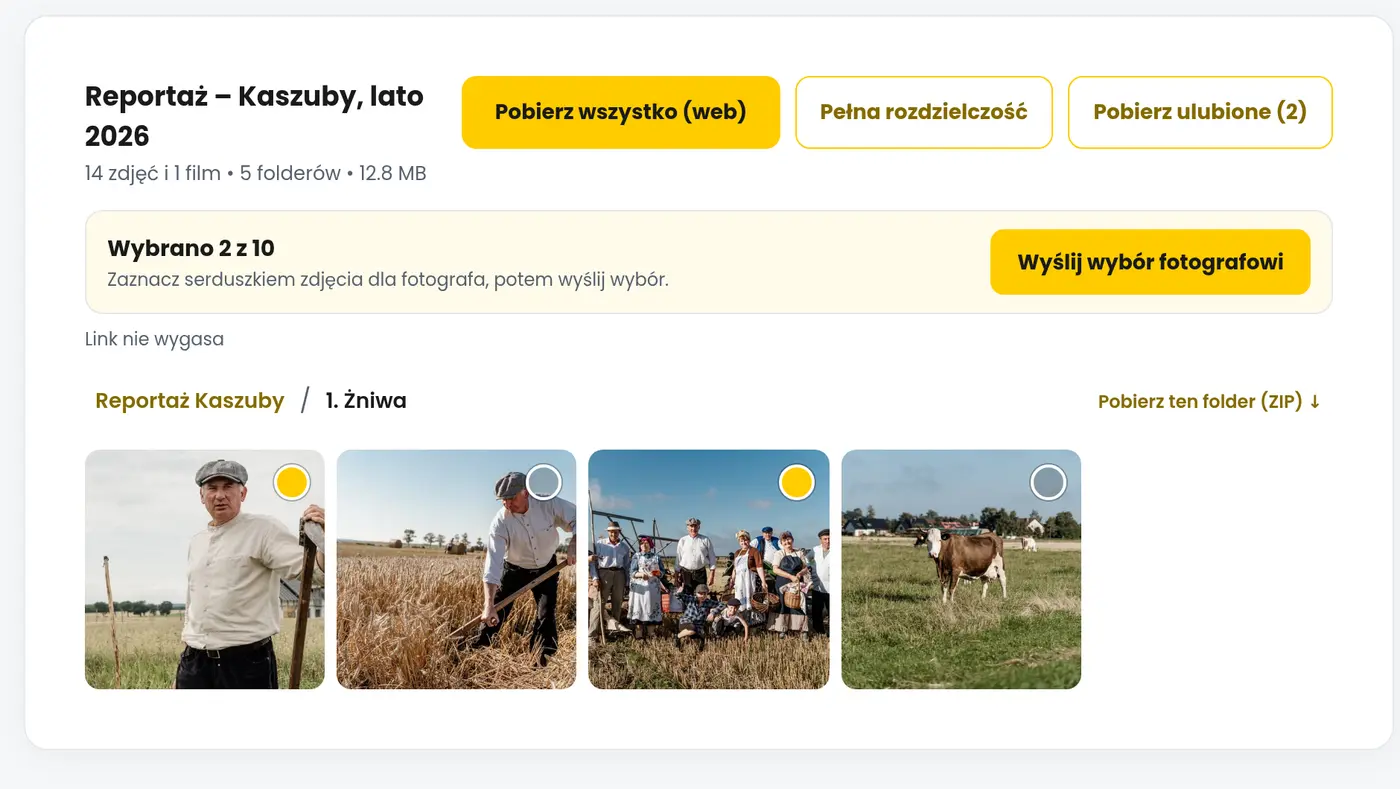 Galeria klienta: folder Żniwa, zaznaczone zdjęcia i przycisk Wyślij wybór fotografowi